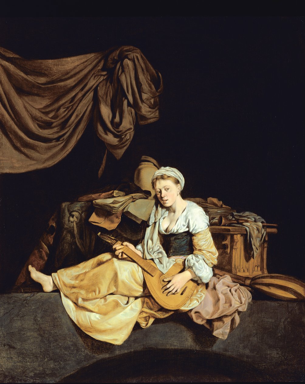 Joven mujer tocando una mandolina de Cornelis Pietersz Bega