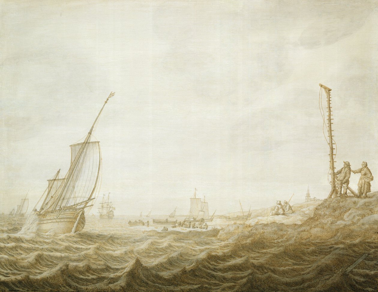 Una grisalla de una escena costera con figuras de Cornelis Pietersz. de Mooy