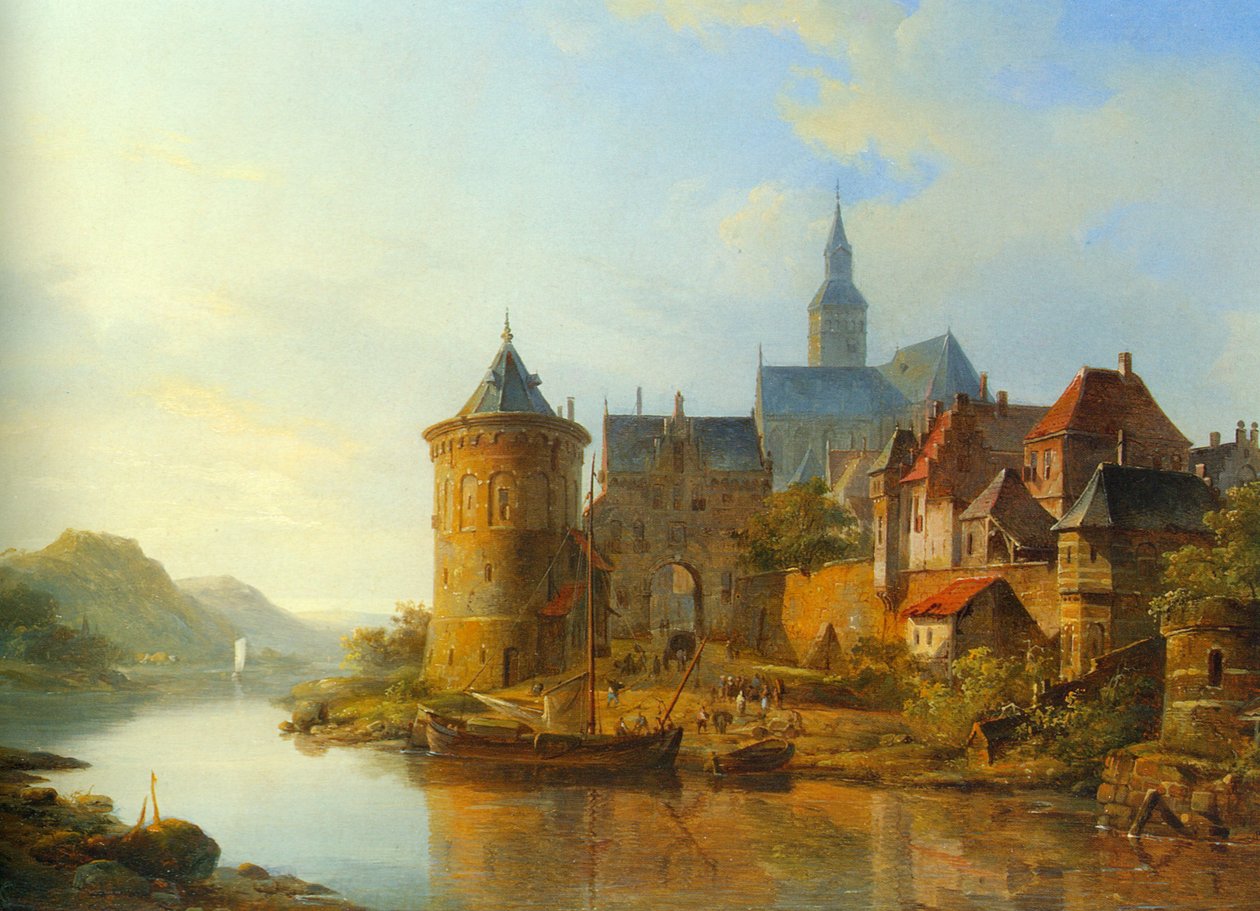 Vista de una ciudad a lo largo del Rin de Cornelis Springer