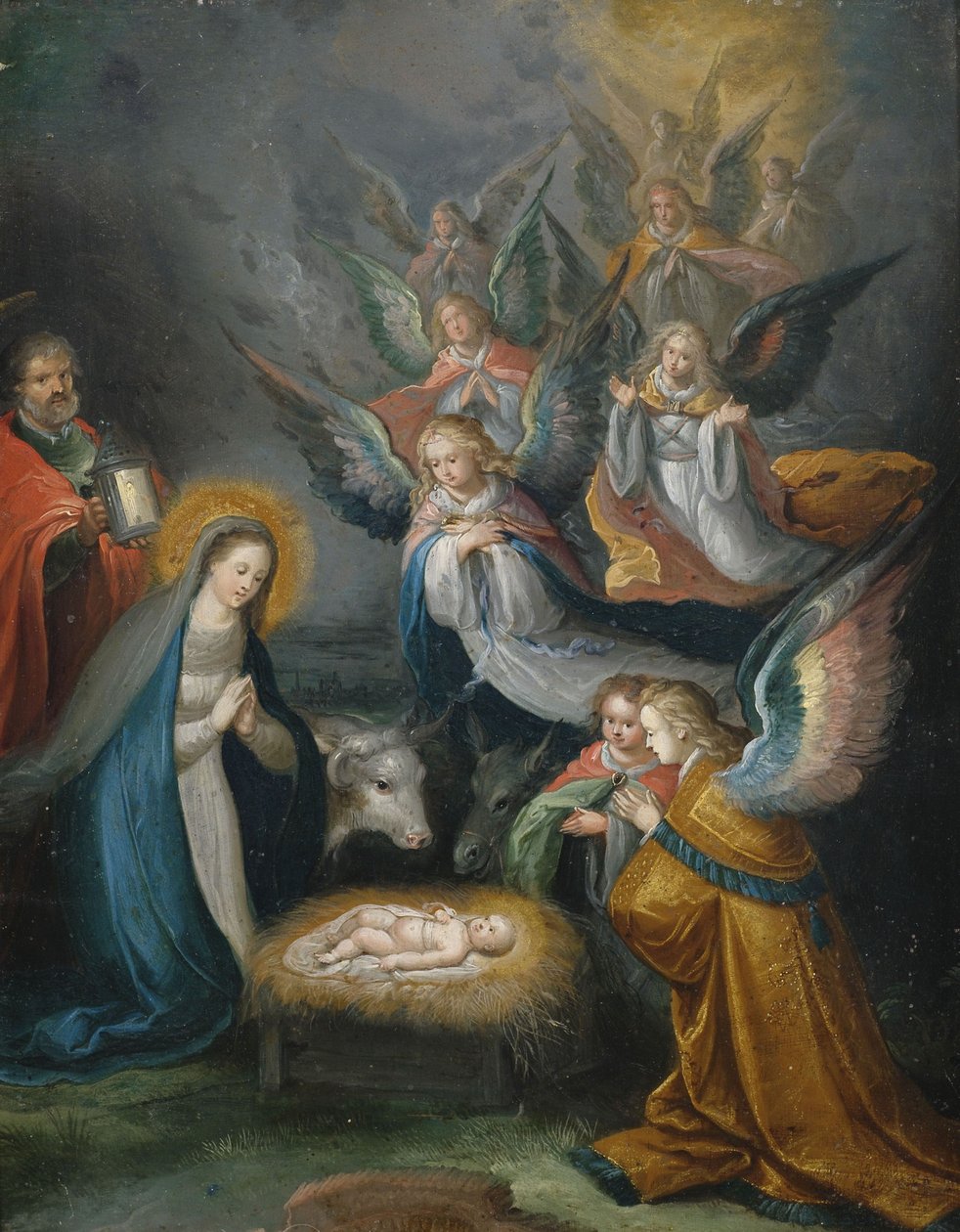 La Sagrada Familia con ángeles en adoración del niño de Cornelis de Baellieur