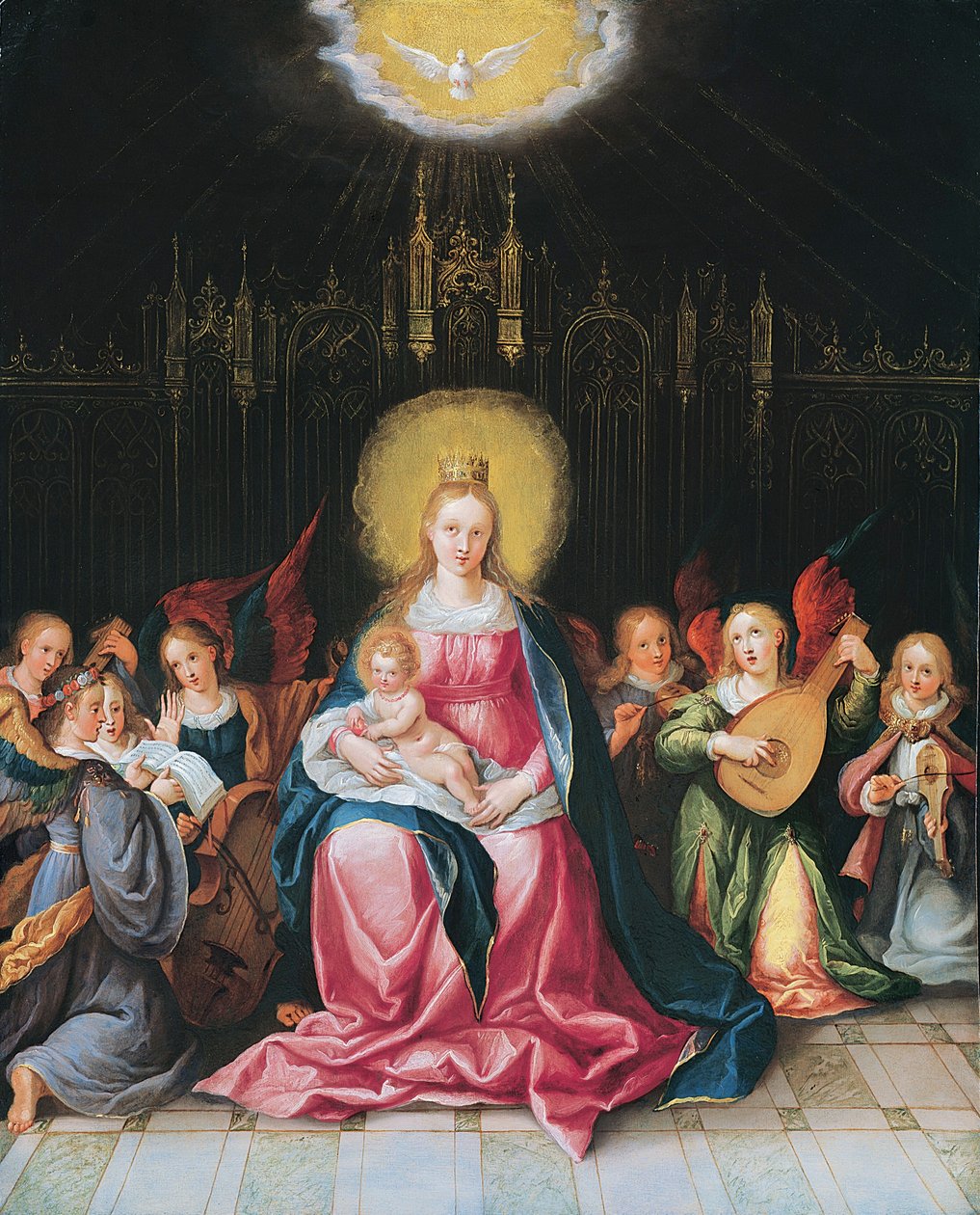 La Virgen y el Niño rodeados por siete ángeles músicos de Cornelis de Baellieur