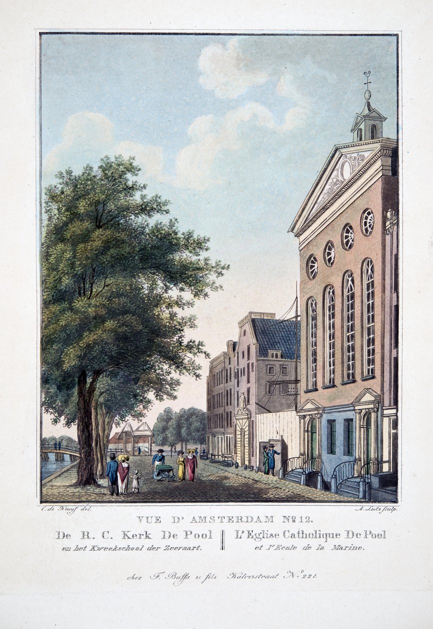 Vista de Ámsterdam No.12. La iglesia católica De Pool y la escuela de la marina, 1825 de Cornelis de Kruyff