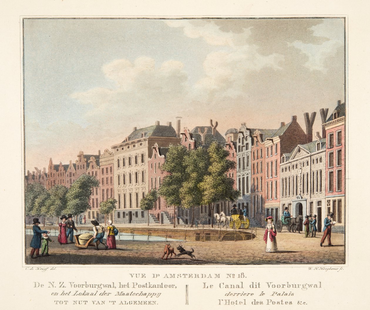 Vista de Ámsterdam No.18. De N.Z. Voorburgwal, la Oficina de Correos, y el Local de la Sociedad para el Bien Común. El Canal llamado Voorburgwal detrás del Palacio, la Oficina de Correos, etc., 1825 de Cornelis de Kruyff