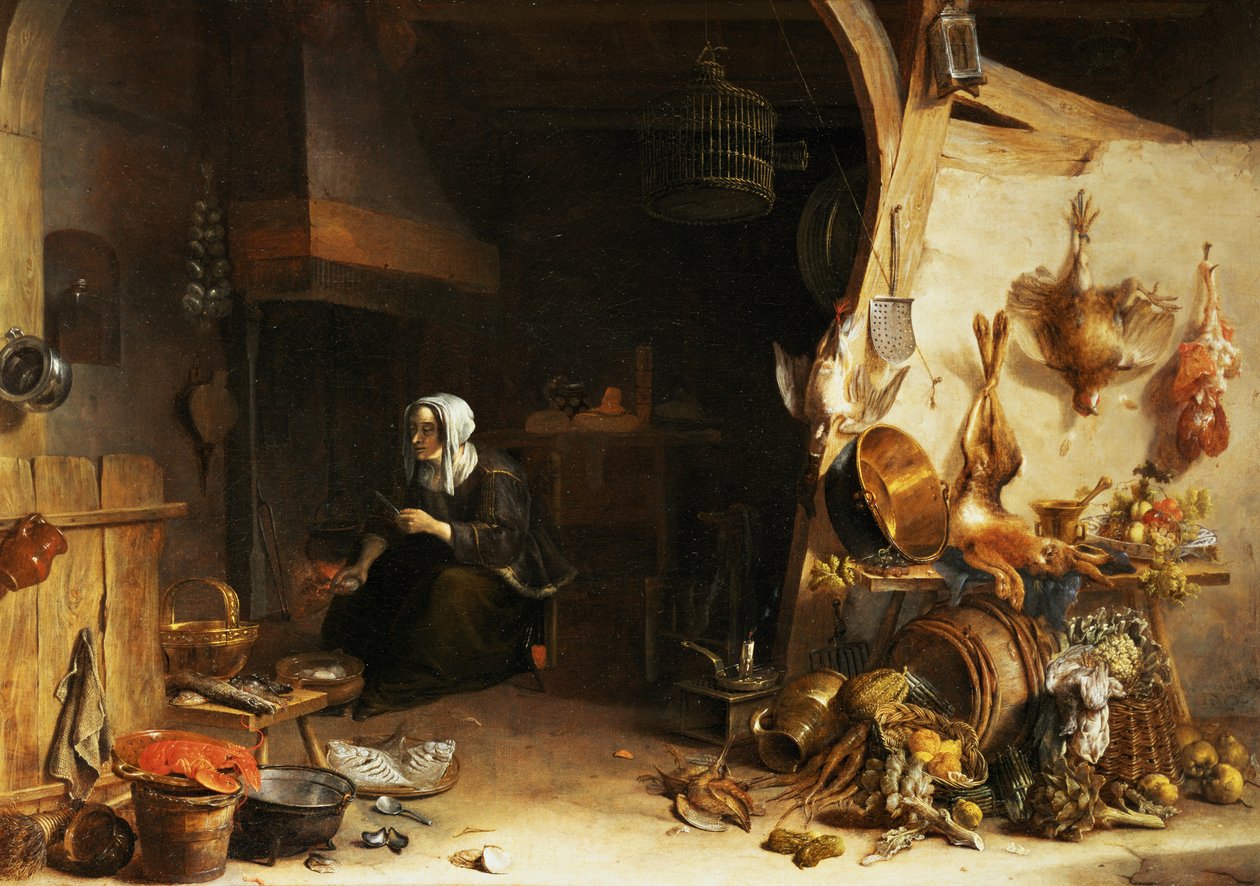 Interior de una cocina con una sirvienta rodeada de utensilios, vegetales y una langosta en un plato de Cornelis van Lelienbergh