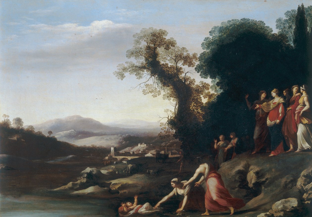 El descubrimiento de Moisés de Cornelis van Poelenburgh or Poelenburch