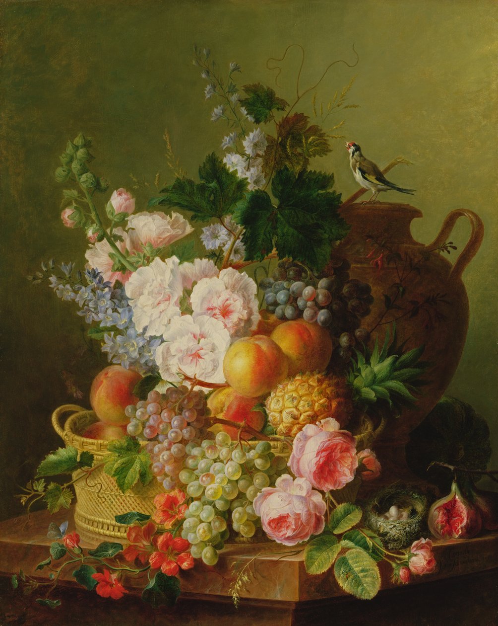 Naturaleza muerta de frutas y flores en una canasta de mimbre sobre un borde de Cornelis van Spaendonck