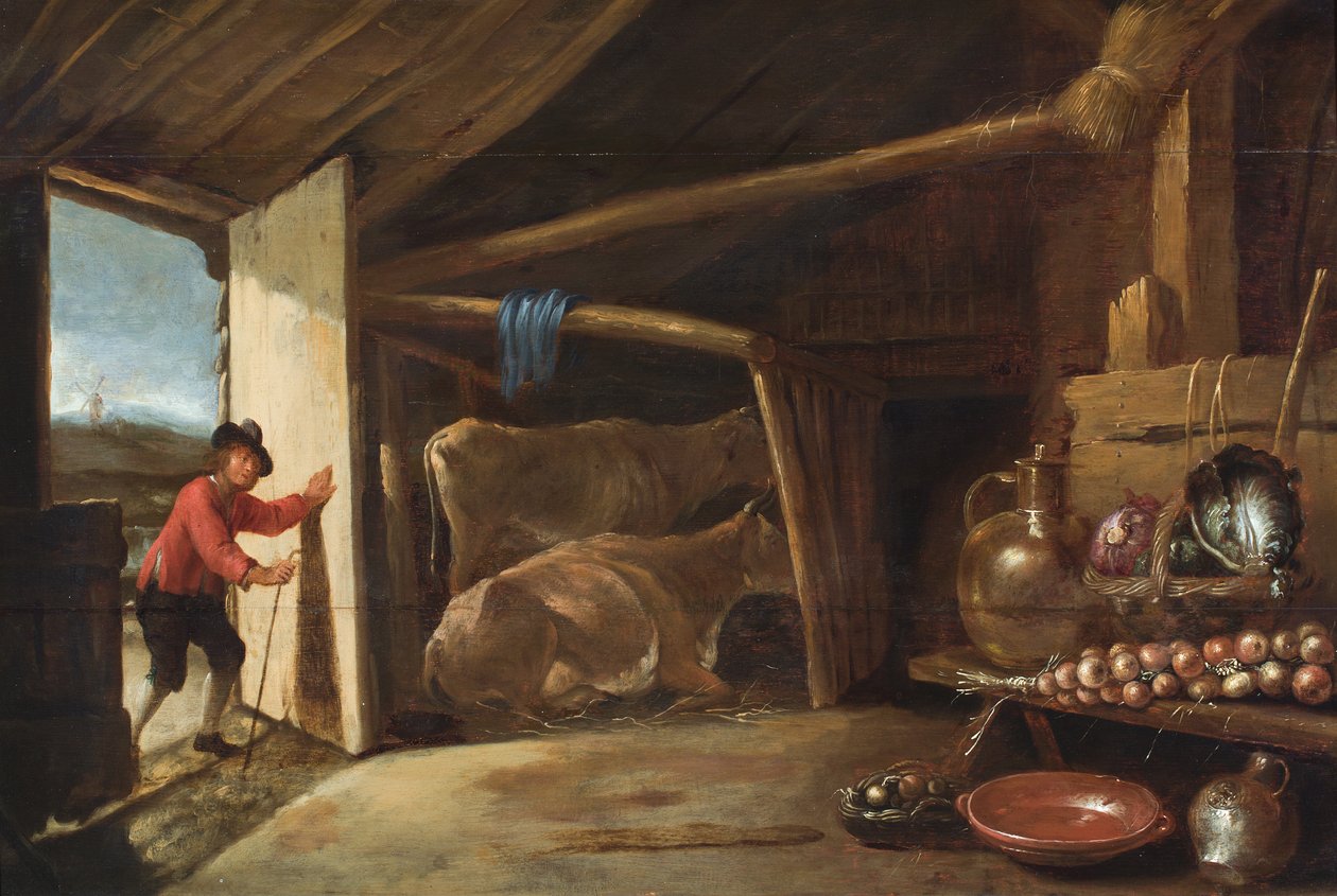 Interior de un granero con un vaquero entrando y bodegón de verduras y vasijas de cobre (óleo sobre tabla) de Cornelis (circle of) Saftleven
