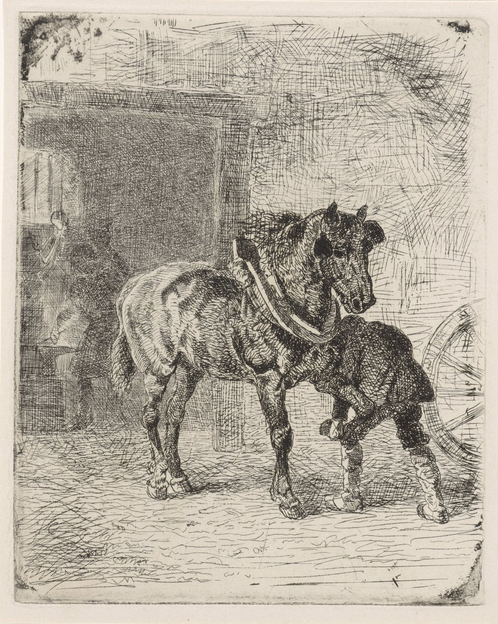 Caballo obtiene herraduras en una fragua de Cornelis Albertus Johannes Schermer