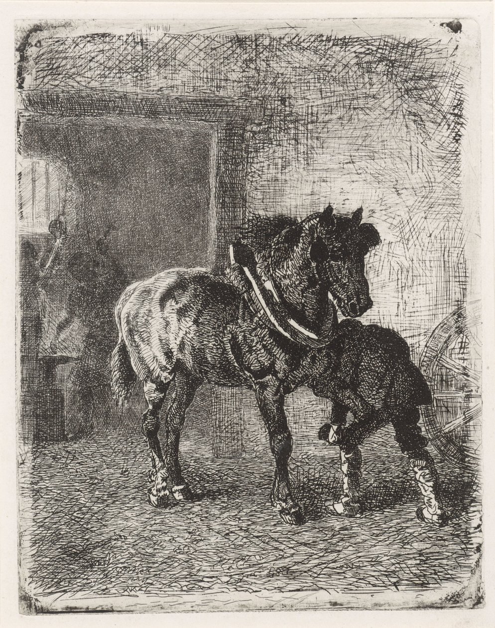 Caballo obtiene herraduras en una fragua de Cornelis Albertus Johannes Schermer