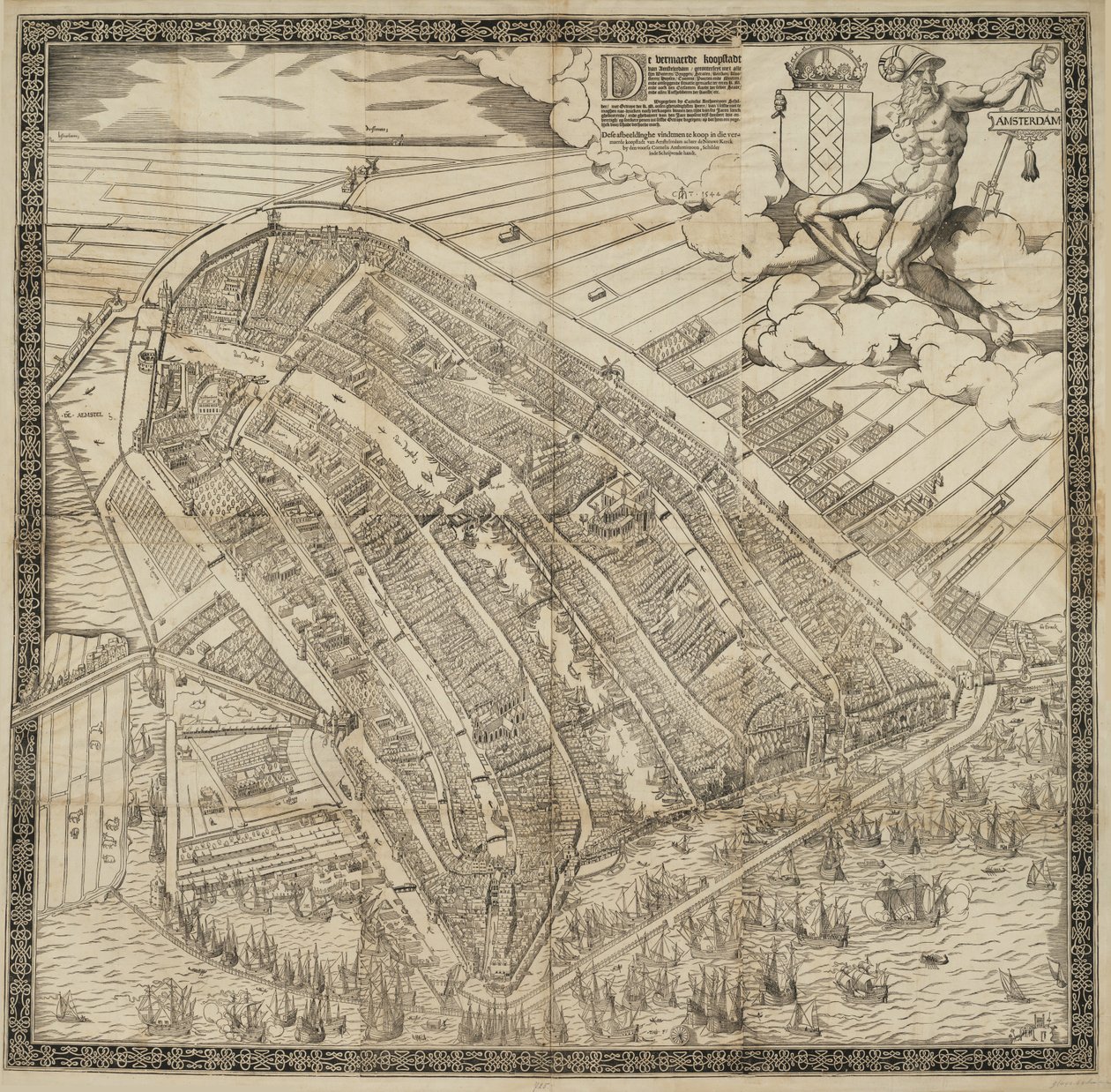 Alemán: Die berühmte Handelsstadt Amsterdam
Holandés: De vermaerde koopstadt van Amstelredam de Cornelis Anthonisz.