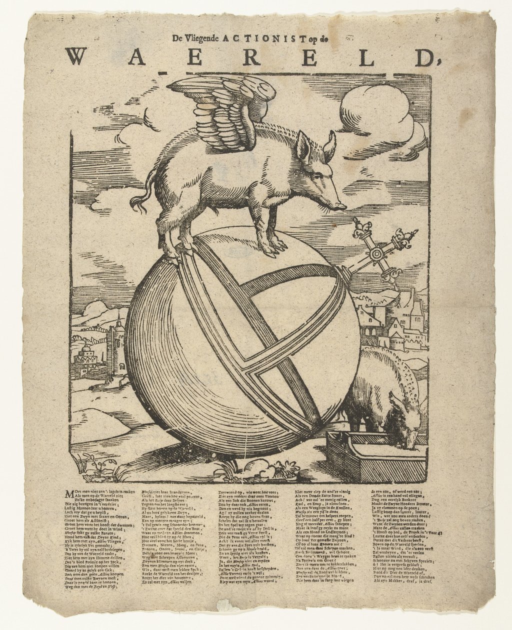 El cerdo alado del mundo. The Flying Actionist on the weareld (título en el objeto) de Cornelis Anthonisz.