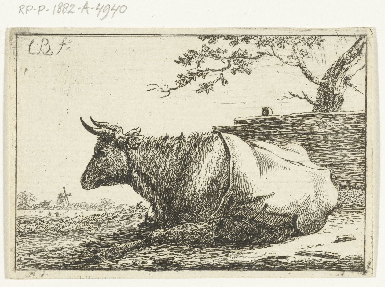 Paisaje con vaca acostada con tapa trasera de Cornelis  Bisschop