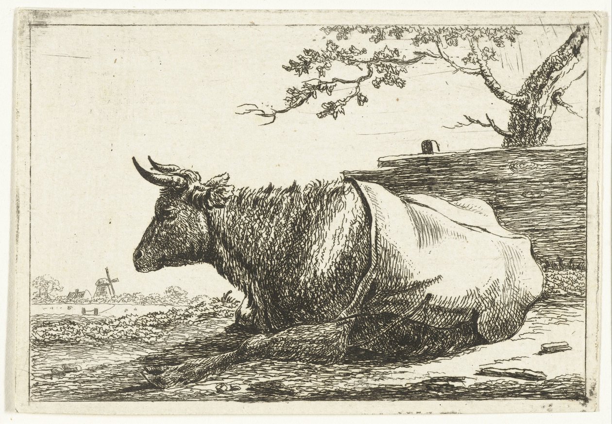 Paisaje con vaca acostada con tapa trasera de Cornelis  Bisschop