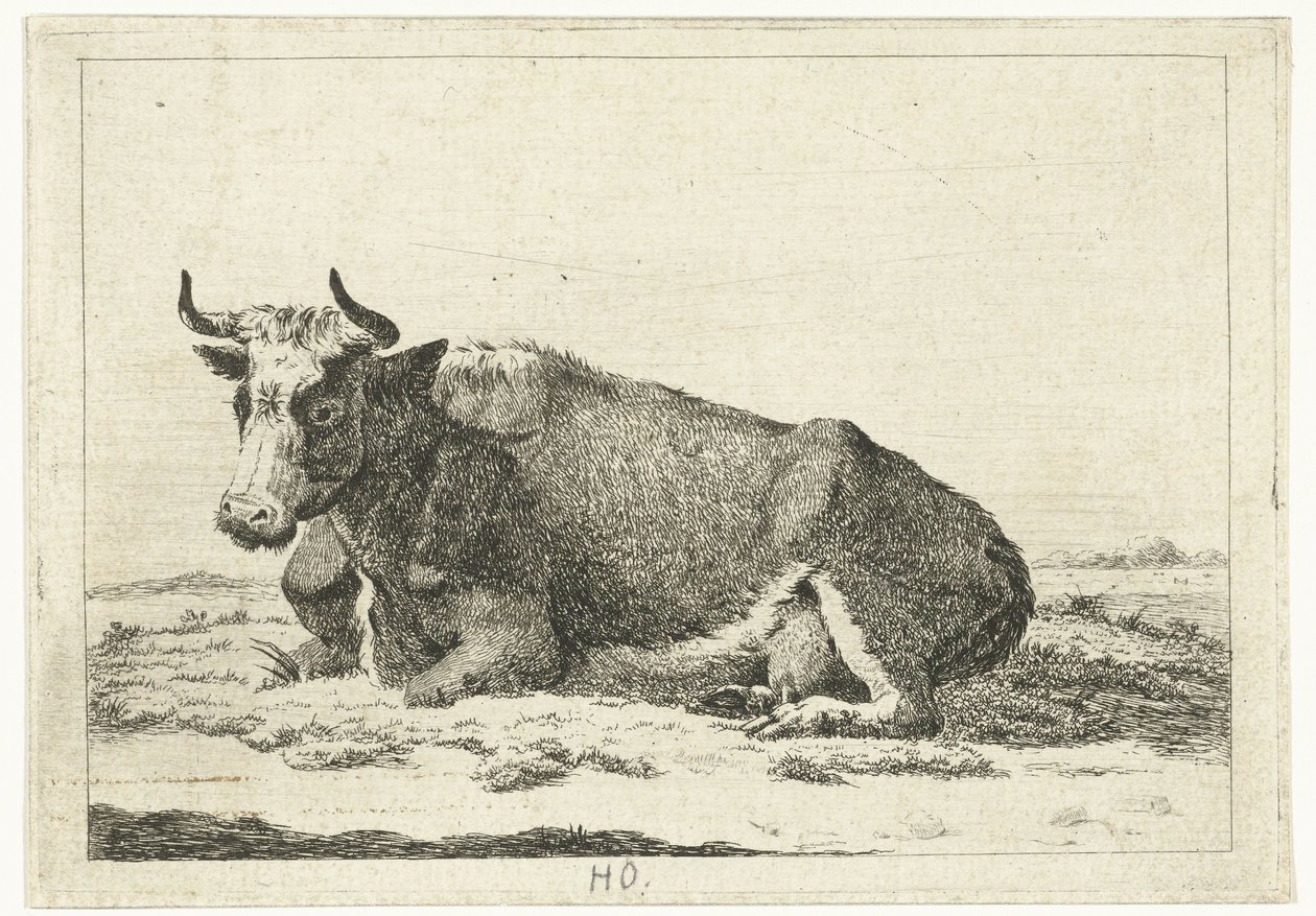 Paisaje con vaca acostada con cuernos Vacas (título de la serie) de Cornelis  Bisschop