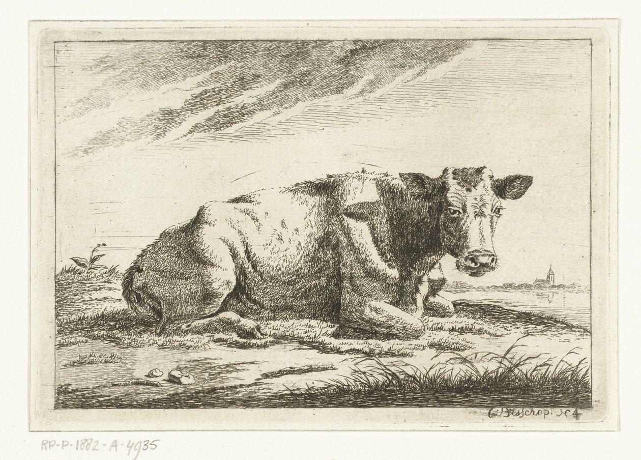 Paisaje con una vaca acostada sin cuernos. Vacas (título de la serie) de Cornelis  Bisschop