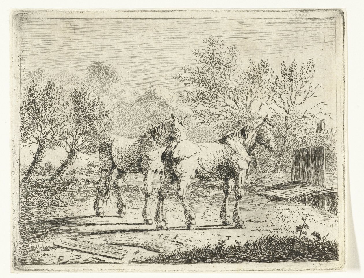 Paisaje de pasto con dos caballos cerca de un puente y una granja de Cornelis  Bisschop
