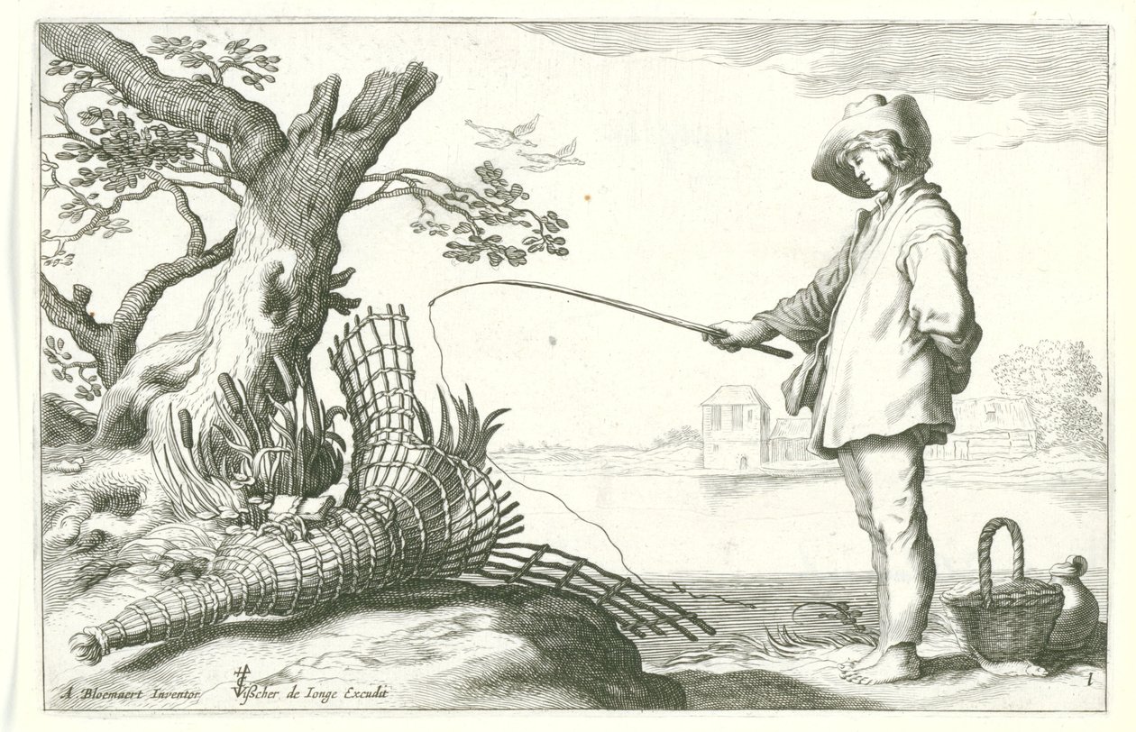 el joven pescador Cuatro escenas pastorales (título de la serie) de Cornelis Bloemaert (II) (possibly)