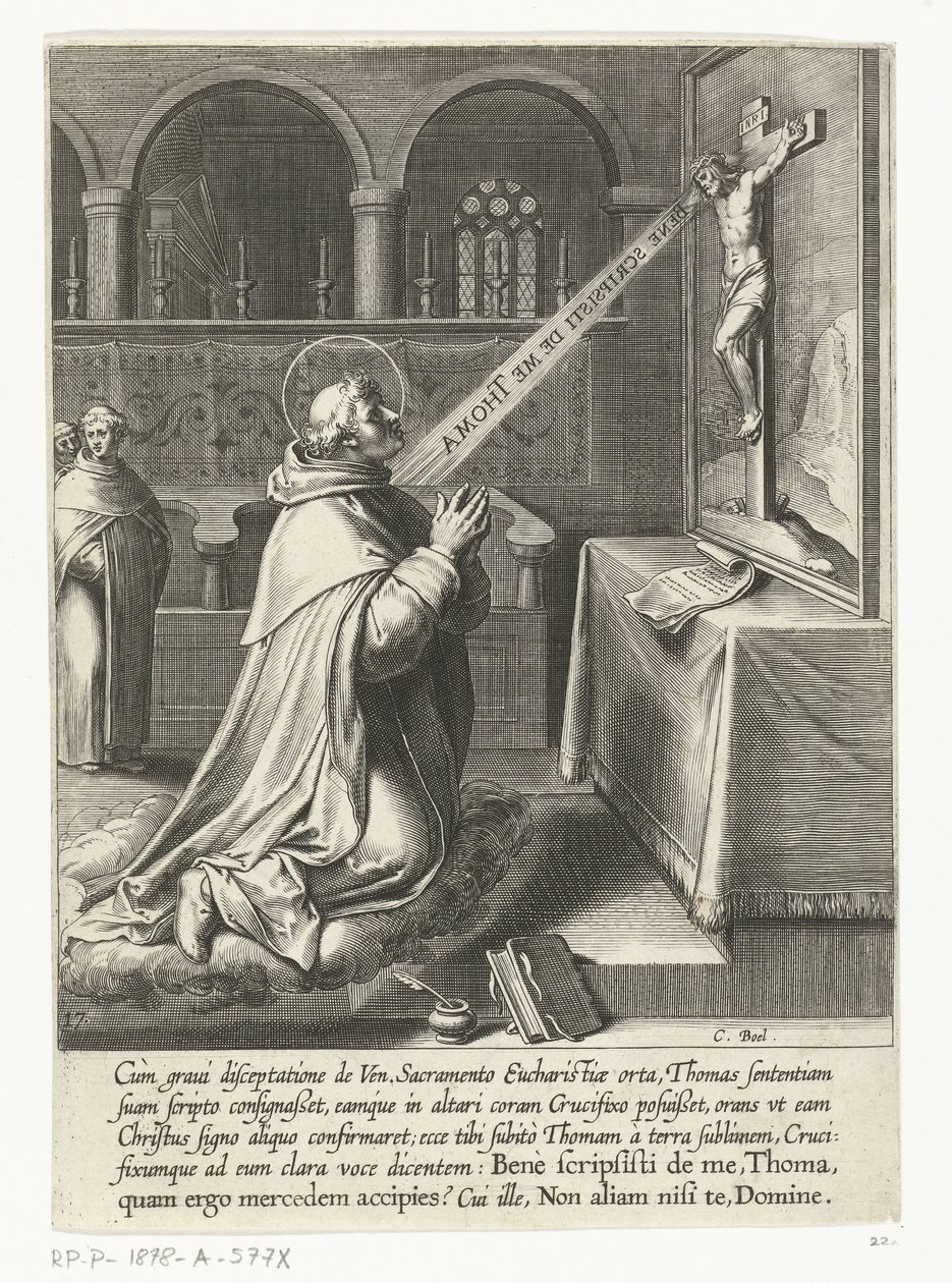Santo Tomás de Aquino hablando con un crucifijo La vida de Santo Tomás de Aquino (título de la serie) de Cornelis Boel