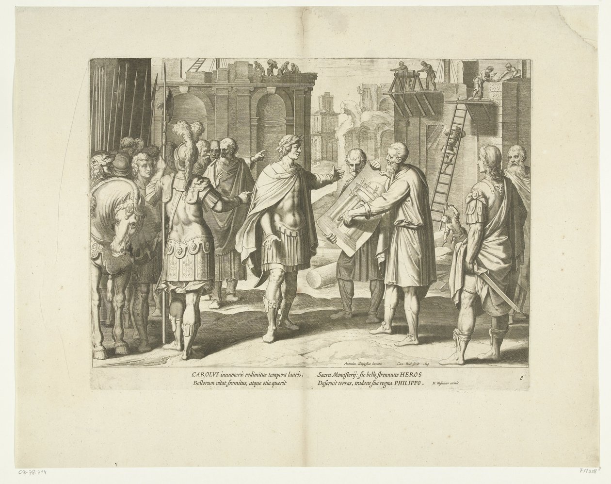 Karel V laat een klooster bouwen, 1555, nr. 8 Escenas uit het leven van Karel V (título de la serie) La vida del Emperador Carlos V. en bellísimos grabados en huecograbado sobre los diseños del célebre A. Tempeste, por dos de los más hábiles Maestros J. de de Cornelis Boel