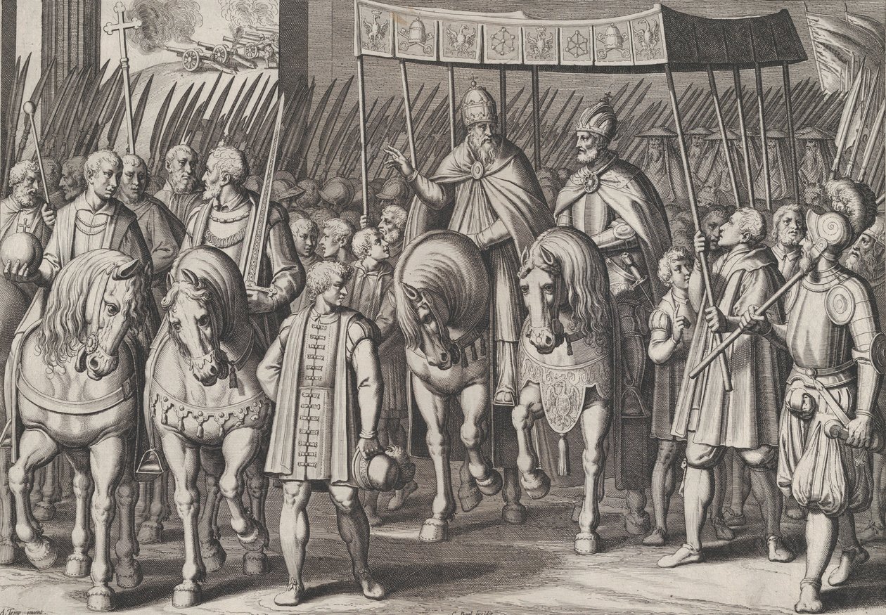 Placa 3: Carlos V Coronado Emperador entrando en Roma con el Papa, de los Triunfos de Charl... de Cornelis Boel