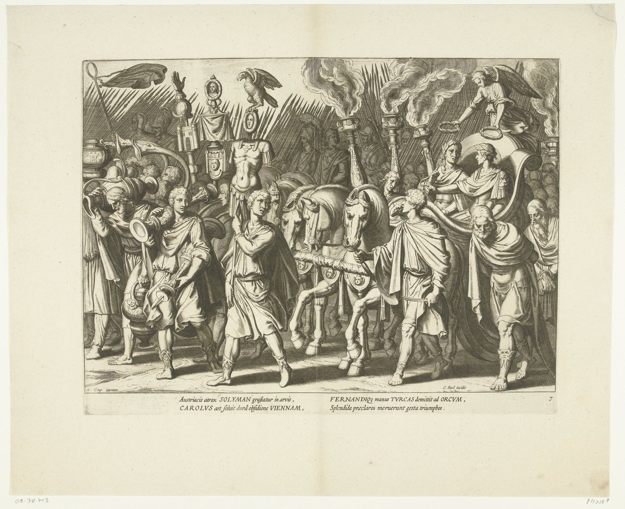 Triomfwagen van Karel V en Ferdinand, na de bevrijding van Wenen van de Turken, ca. 1532, núm. 7 Escenas uit het leven van Karel V (título de la serie) La vida del emperador Carlos V. en bellísimas tallas grabadas sobre los diseños del famoso A. Tempest de Cornelis Boel