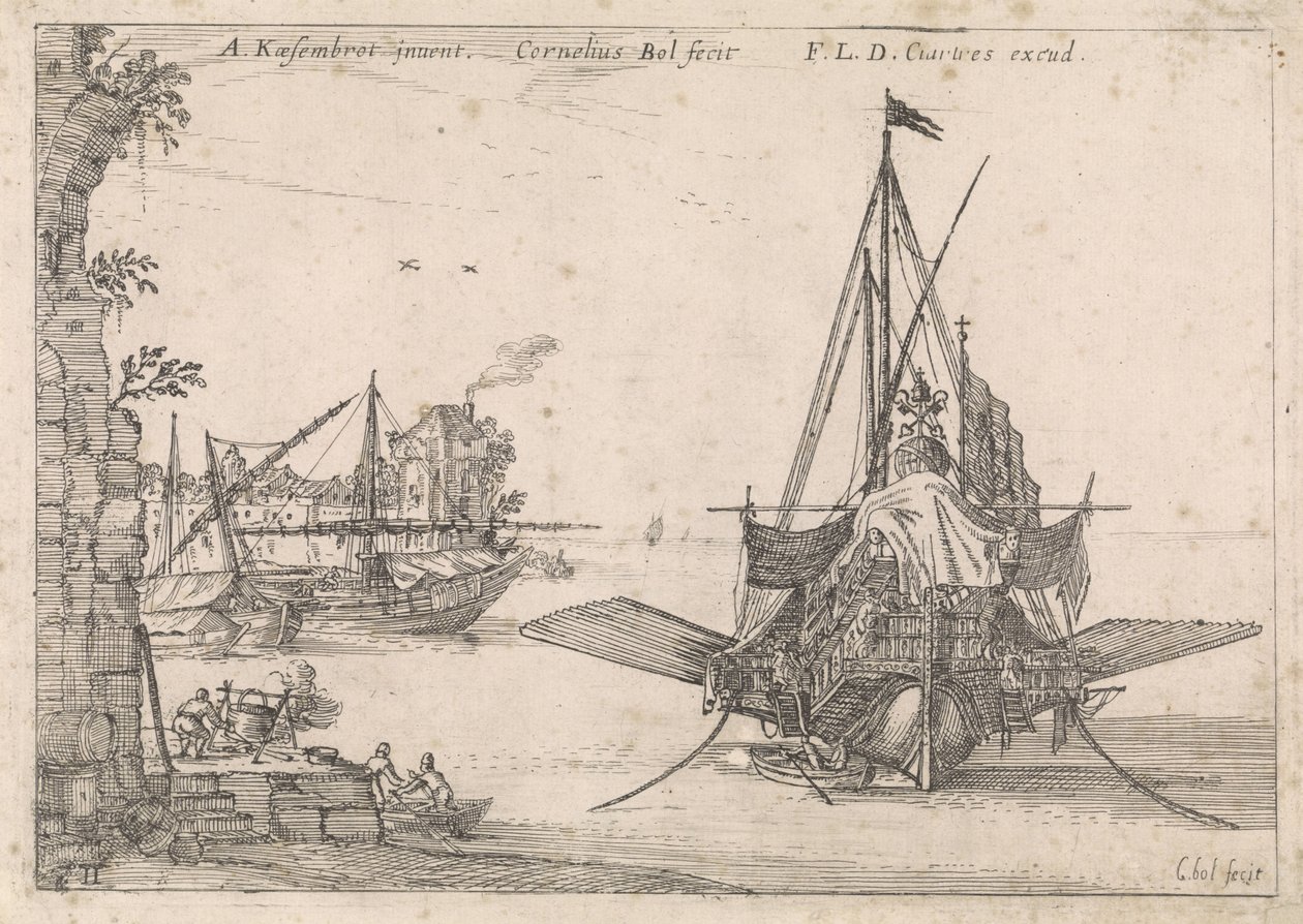 Galei está anclado en una bahía Vistas al puerto (título de la serie) de Cornelis Bol