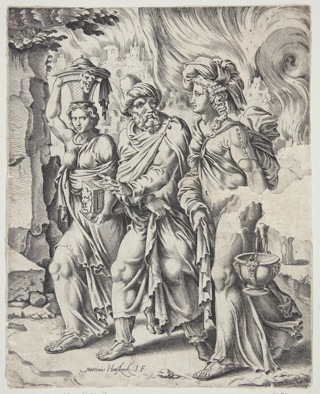 Lot y sus hijas dejando la ardiente Sodoma de Cornelis Bos