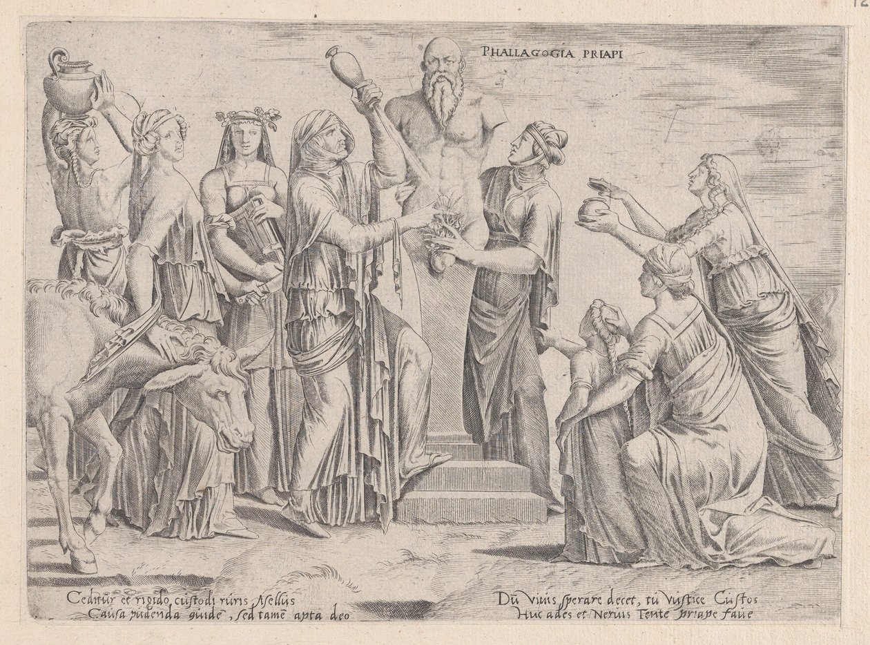 Speculum Romanae Magnificentiae: Ocho mujeres sacrificando a Príapo, siglo XVI de Cornelis Bos.