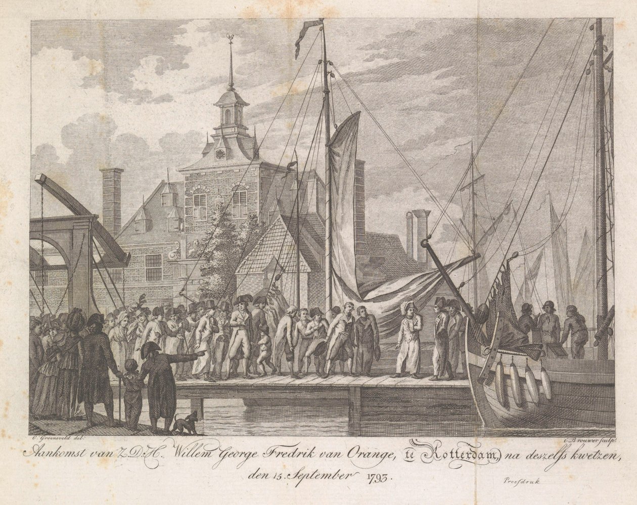 Llegada del príncipe herido Willem George Frederik a Rotterdam, 1793 Llegada de Z.D.H. Willem George Fredrik van Oranje, en Rotterdam, después de sus heridas, 15 de septiembre de 1793 (título sobre el objeto) de Cornelis Brouwer