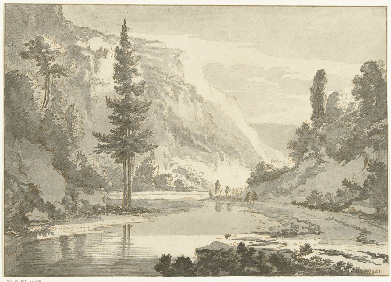 Paisaje de montaña con pastores en la orilla de un río de Cornelis Brouwer