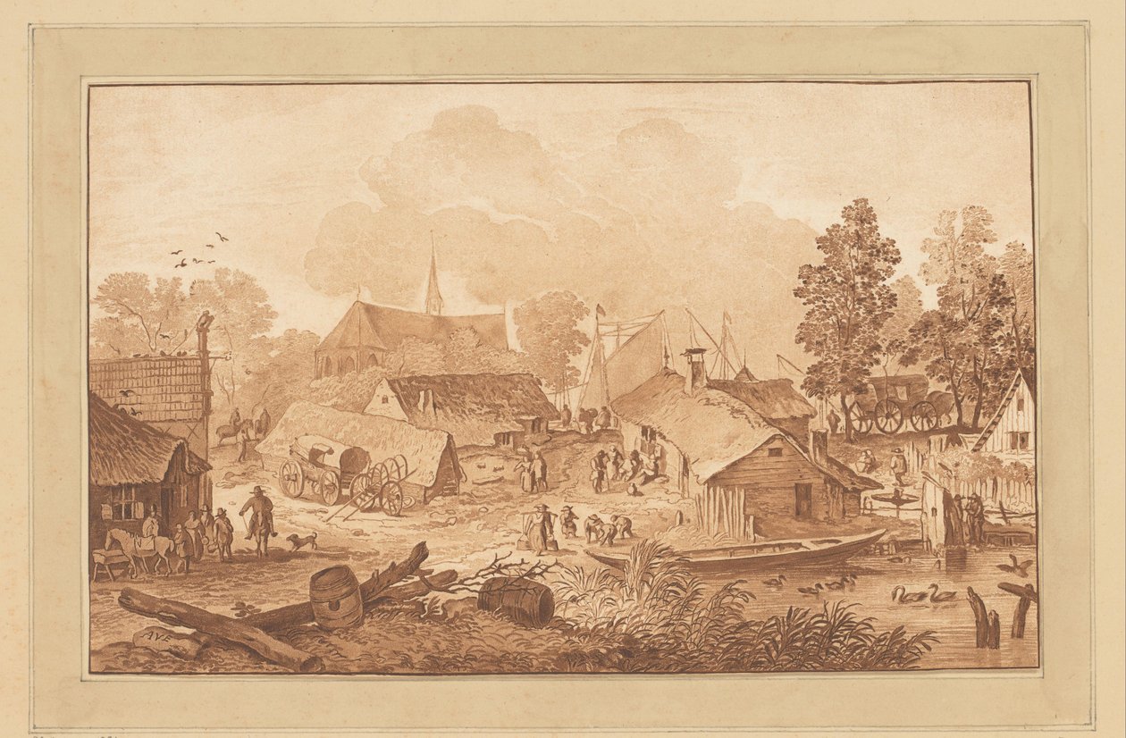 Escena de pueblo con estanque de Cornelis Brouwer