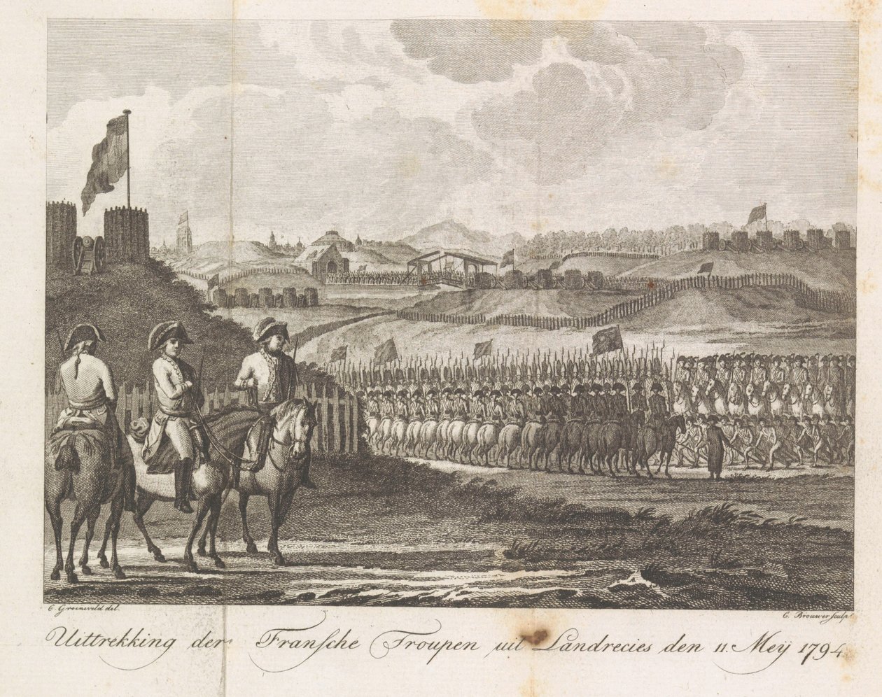 Tropas francesas saliendo de Landrecy, 1794 Extracción de la Troupen francesa de Landrecies den 11 de mayo de 1794 (título sobre el objeto) de Cornelis Brouwer