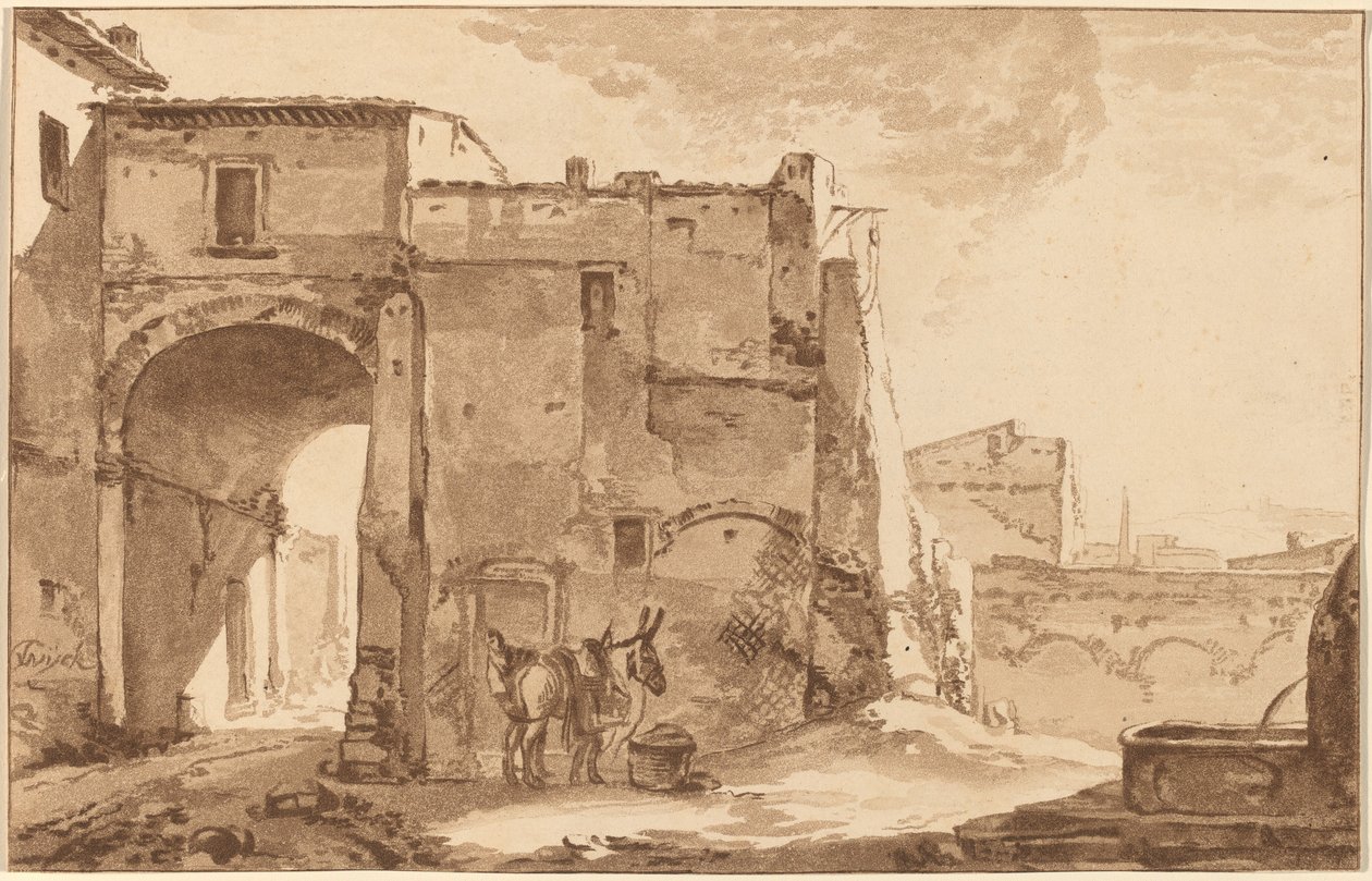 Puerta con viajero y mula de Cornelis Brouwer