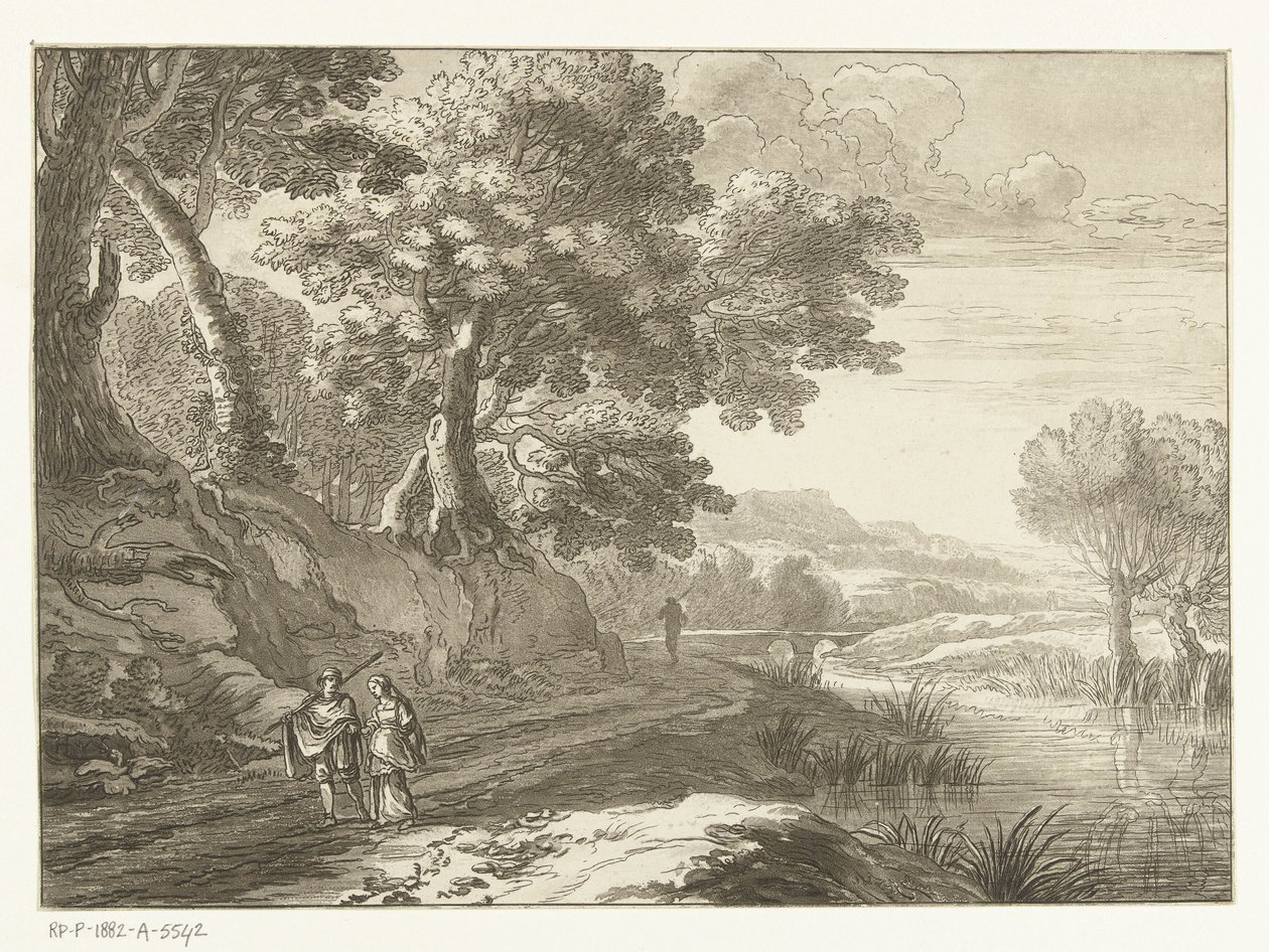 Paisaje italiano con tres excursionistas de Cornelis Brouwer