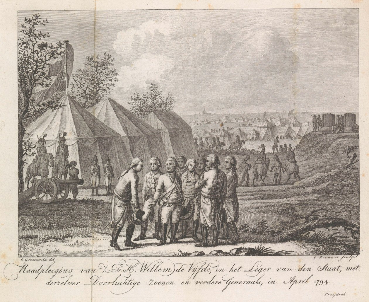 William V con sus hijos en el campamento del ejército, 1794 Consulta de Z.D.H. William the Fifth, en el ejército del estado, con sus hijos serenos y otros generales, en abril de 1794 (título sobre el objeto) de Cornelis Brouwer
