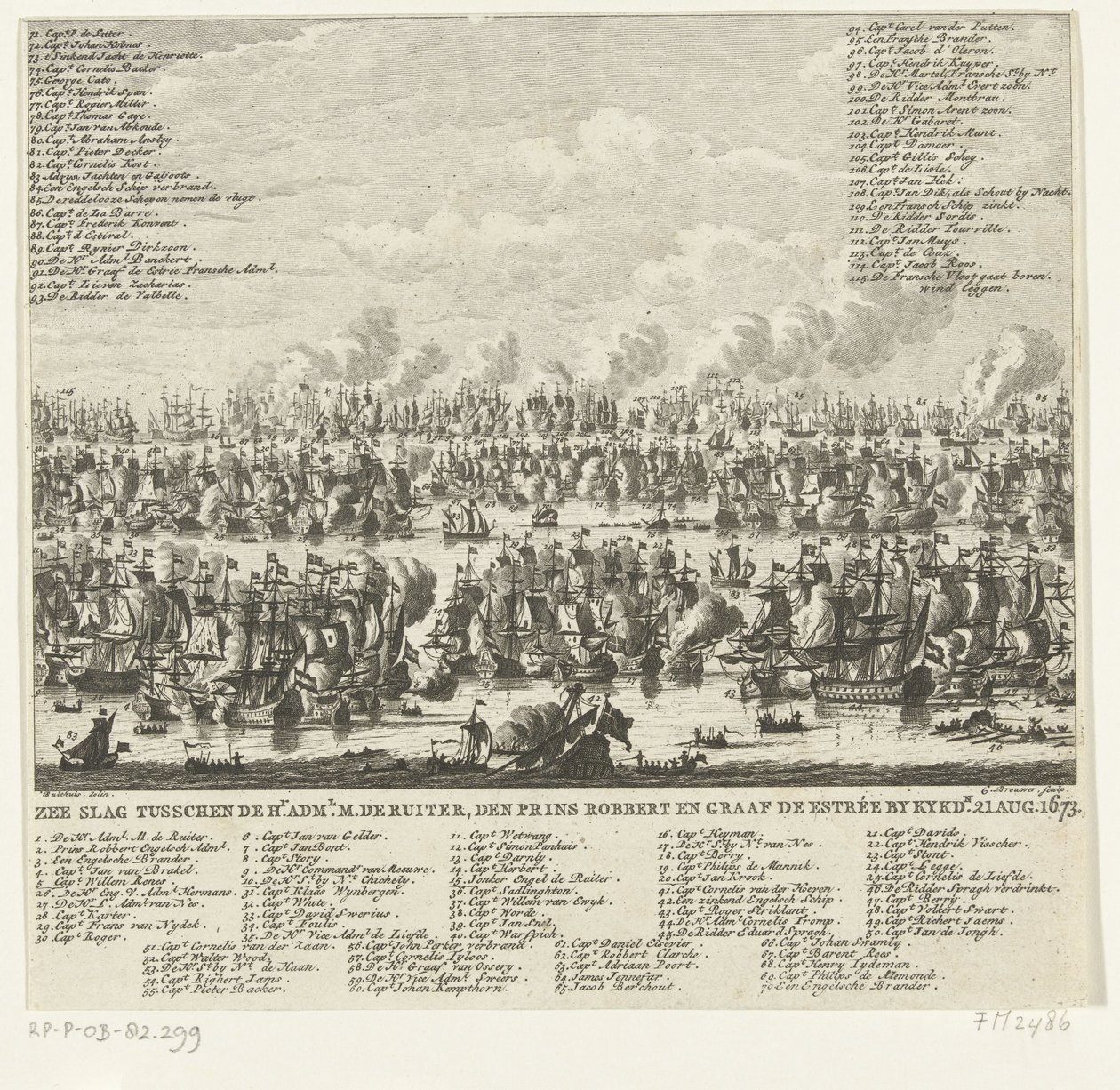 Batalla de Kijkduin, 1673 Batalla Naval entre el Hr. administración. M. de Ruiter, Prince Robbert y Count de Estrée por Kykdn. 21 de agosto de 1673 (título sobre el objeto) de Cornelis Brouwer