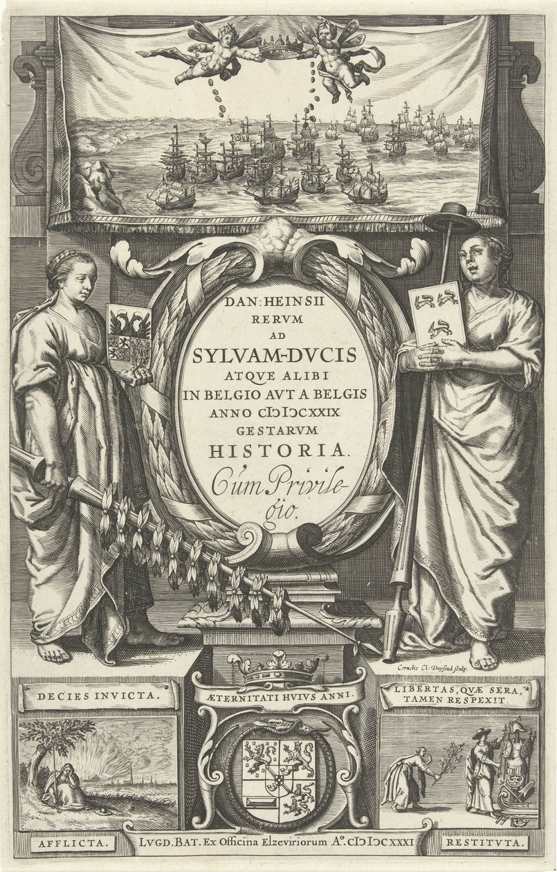Página de título para: D. Heinsius, la historia de los romanos en Sylva-Dvcis y en otros lugares de los Países Bajos avt registrada por los belgas en el año 629 1631 de Cornelis Claesz. Duysend