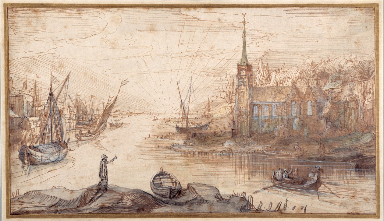 Una escena de puerto con barcos y una iglesia al atardecer de Cornelis Claesz  van Wieringen