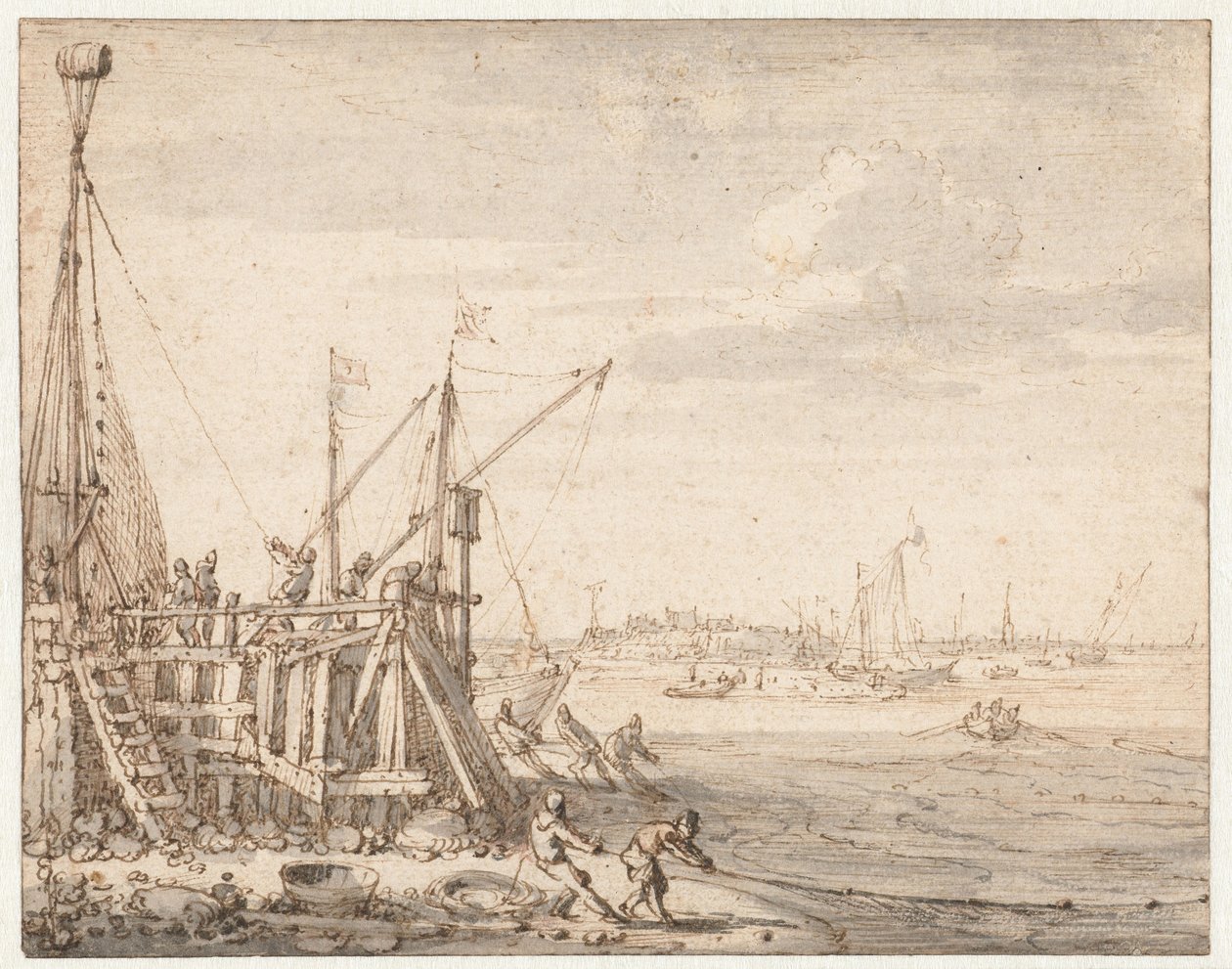 Muelle del puerto con pescadores recogiendo las redes de Cornelis Claesz  van Wieringen
