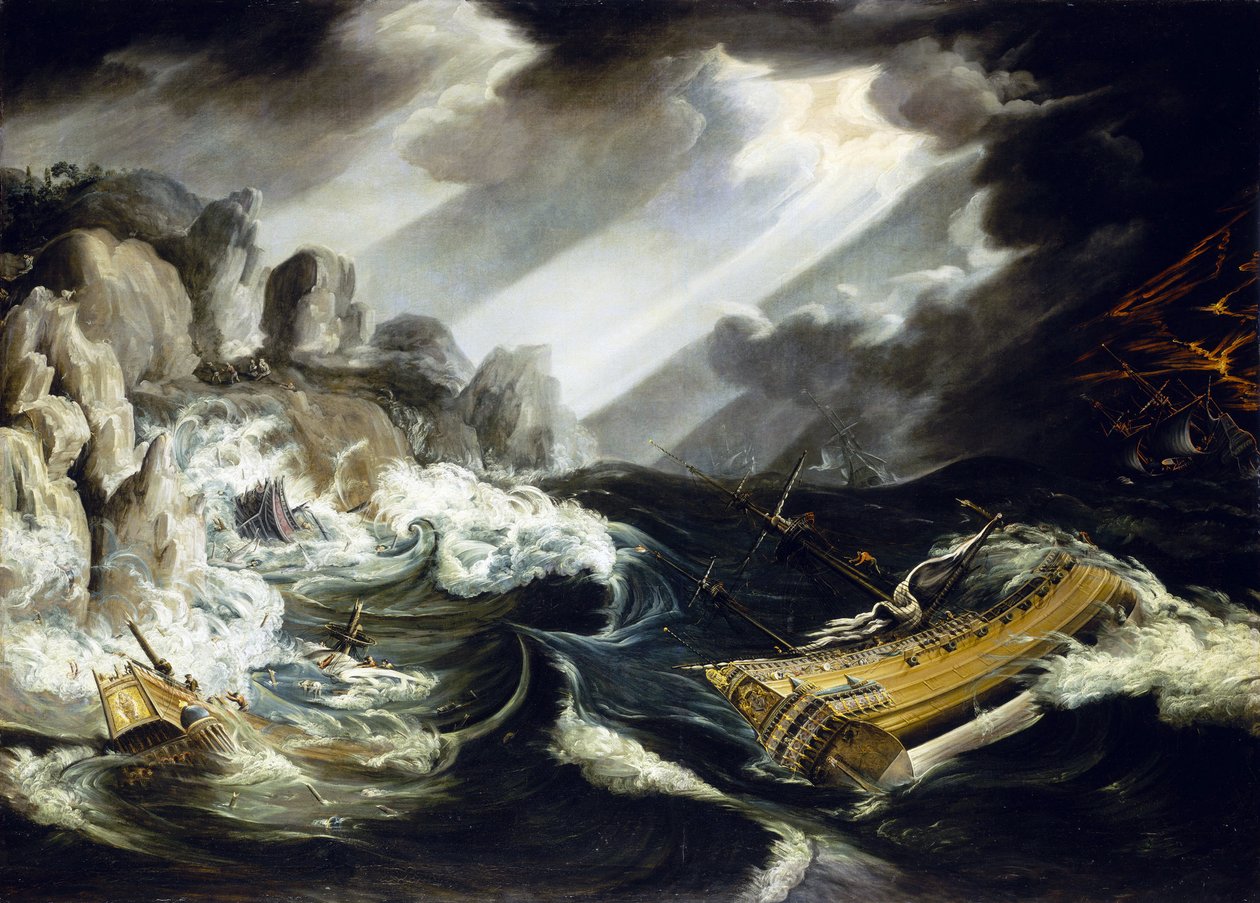El naufragio del buque "Amsterdam", dos barcos chocan contra las rocas en alta mar durante una tormenta de Cornelis Claesz  van Wieringen