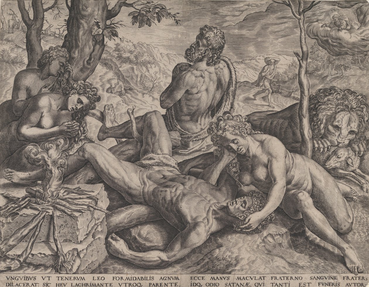 Adán y Eva lamentando la muerte de Abel de Cornelis Cort