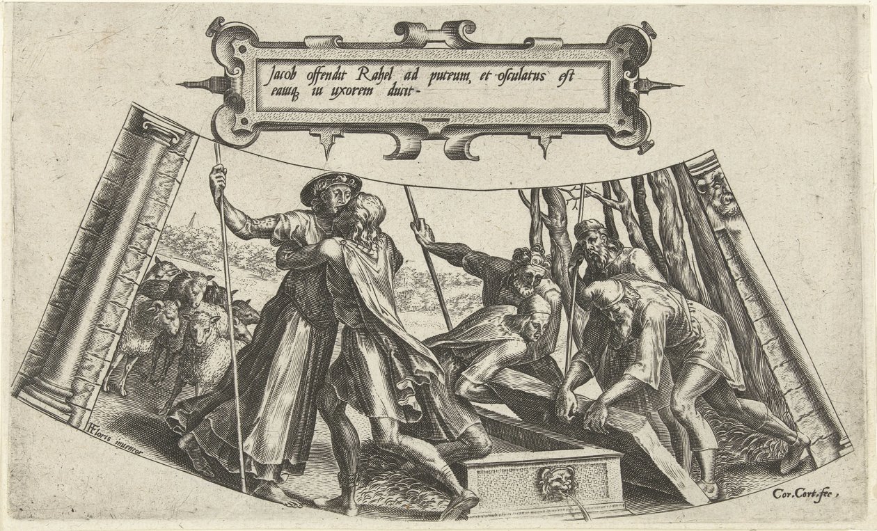 El encuentro de Jacob y Raquel en el pozo La historia de Jacob (título de la serie) de Cornelis Cort