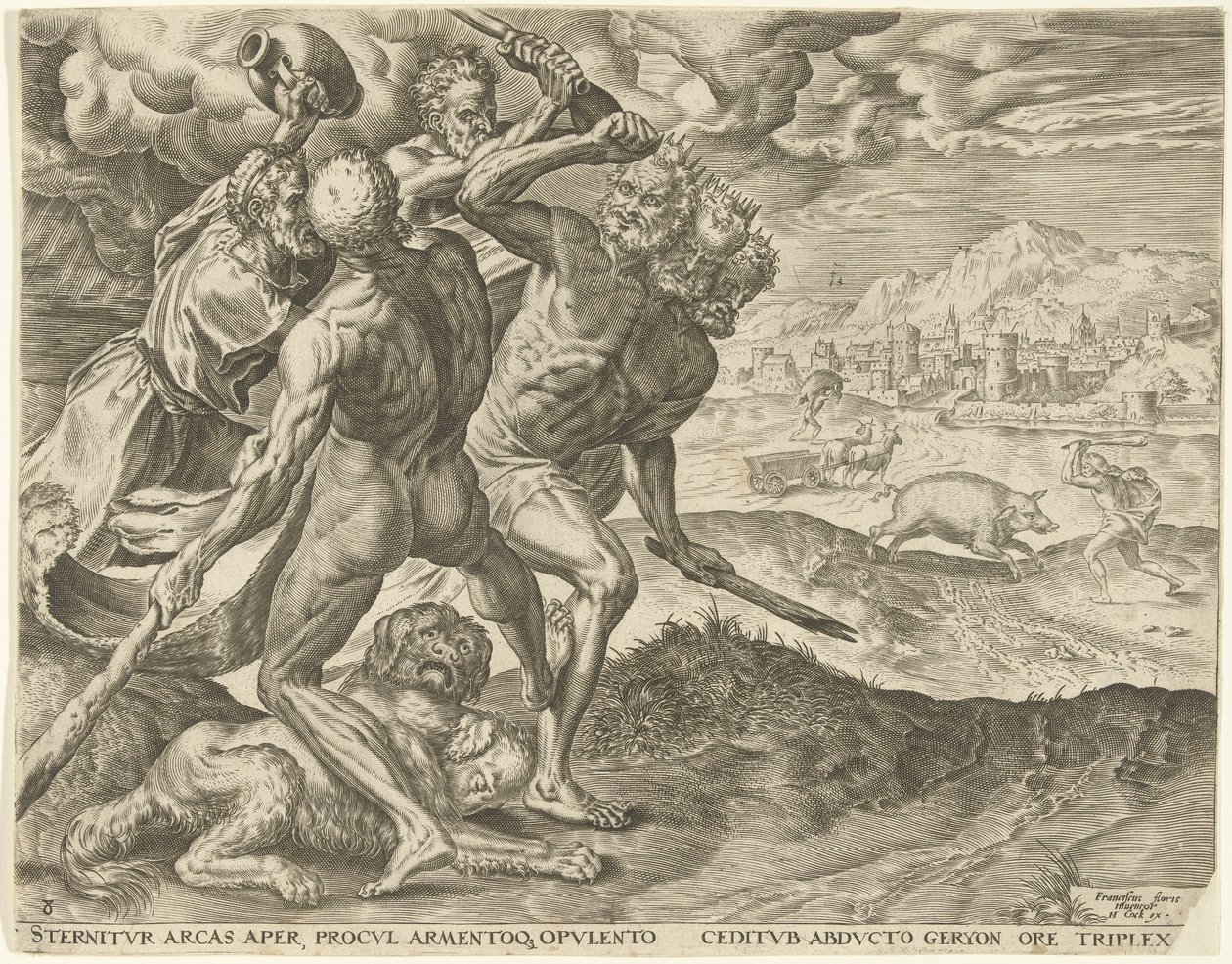 Hércules mata a Gerión y a su perro. Trabajos de Hércules (título de la serie) de Cornelis Cort
