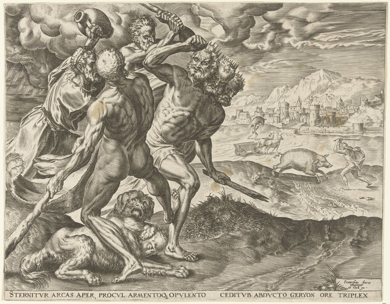 Hércules mata a Gerión y a su perro
Trabajos de Hércules (título de la serie) de Cornelis Cort