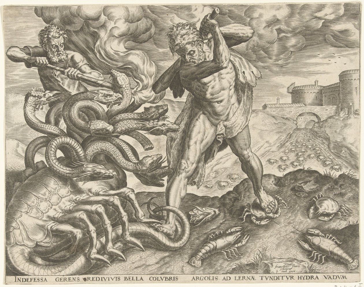 Hércules conquista la hidra de Lerna Trabajos de Hércules (título de la serie) de Cornelis Cort