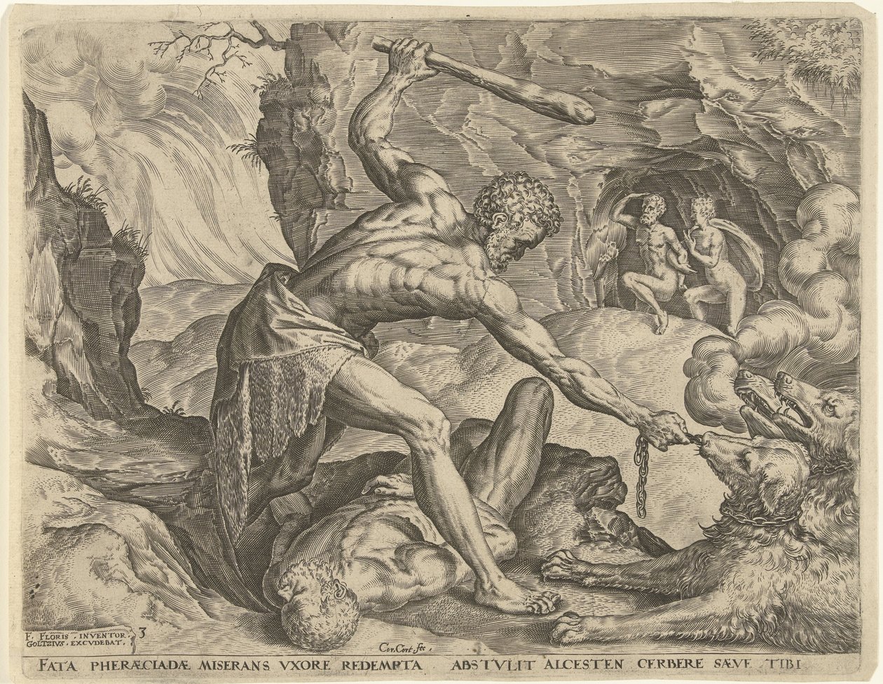 Hércules saca a Cerbero del infierno Trabajos de Hércules (título de la serie) de Cornelis Cort