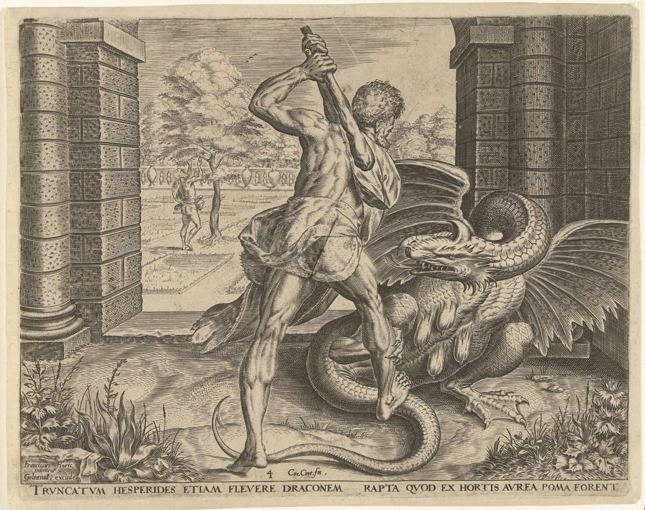 Hércules roba las manzanas de oro de las Hespérides Trabajos de Hércules (título de la serie) de Cornelis Cort