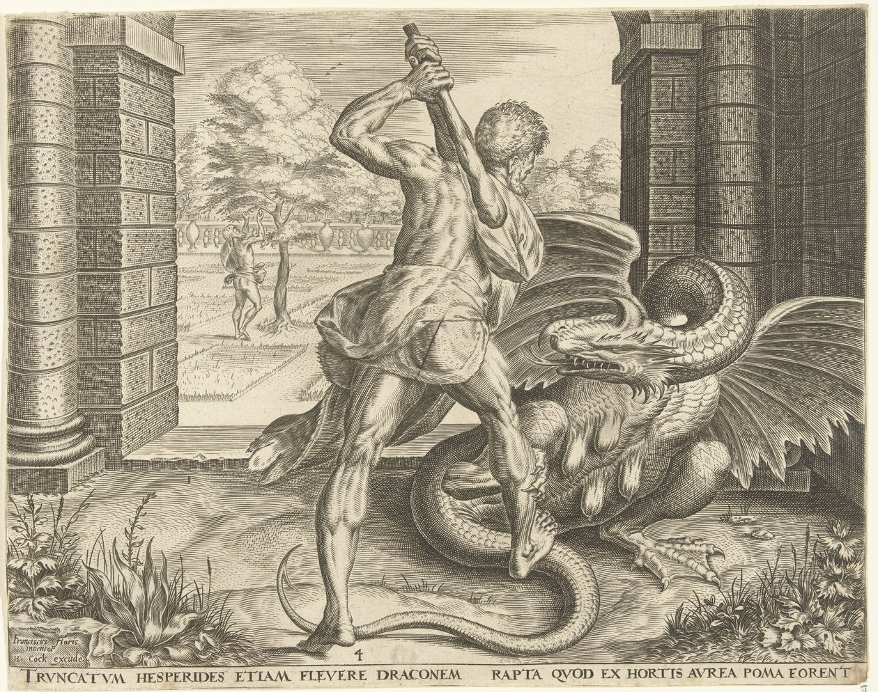 Hércules roba las manzanas de oro de las Hespérides Trabajos de Hércules (título de la serie) de Cornelis Cort