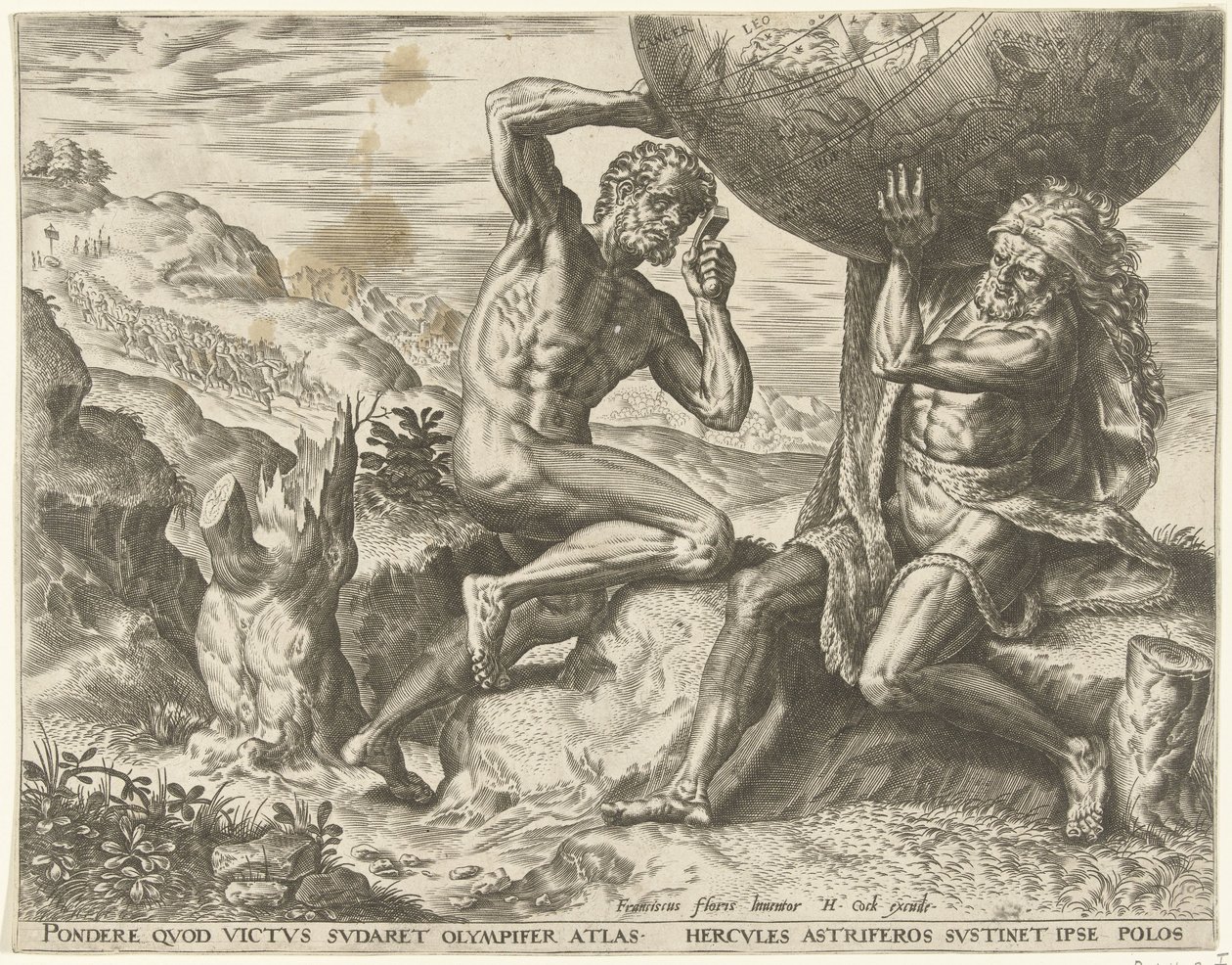 Hércules lleva el globo terráqueo para Atlas Trabajos de Hércules (título de la serie) de Cornelis Cort