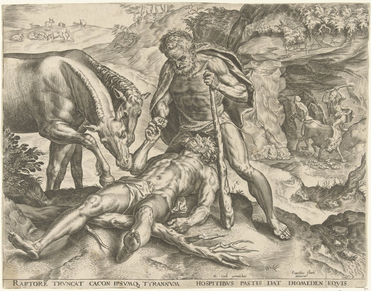 Hércules alimenta a Diomedes con sus caballos. Trabajos de Hércules (título de la serie) de Cornelis Cort
